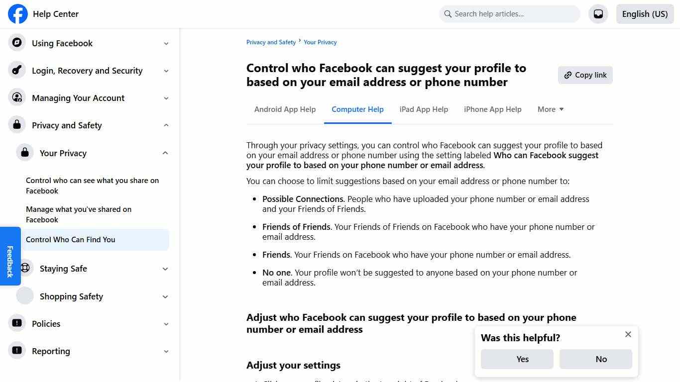 Control who Facebook can suggest your profile to based on your email address or phone number | Facebook Help Center